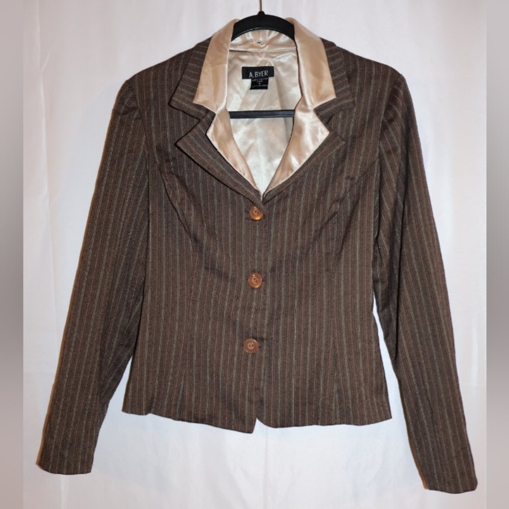 A. Byer Vintage Brown & Pink Pinstripe Blazer And Pleated Skirt Set.
